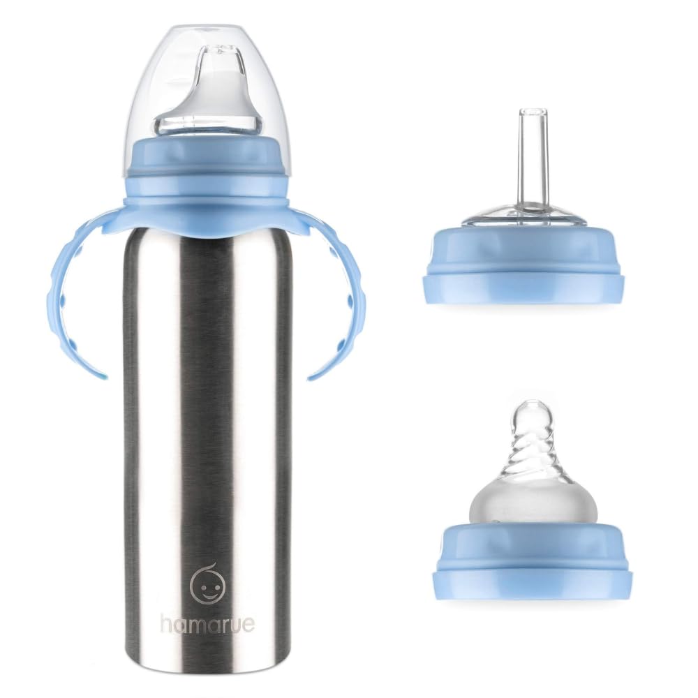 Hamarue - Biberón de acero inoxidable 3 en 1 – Recién nacido a niño pequeño y taza de pajita, aislante a prueba de fugas, edades de 0 a 4 años, 8 onzas, azul
