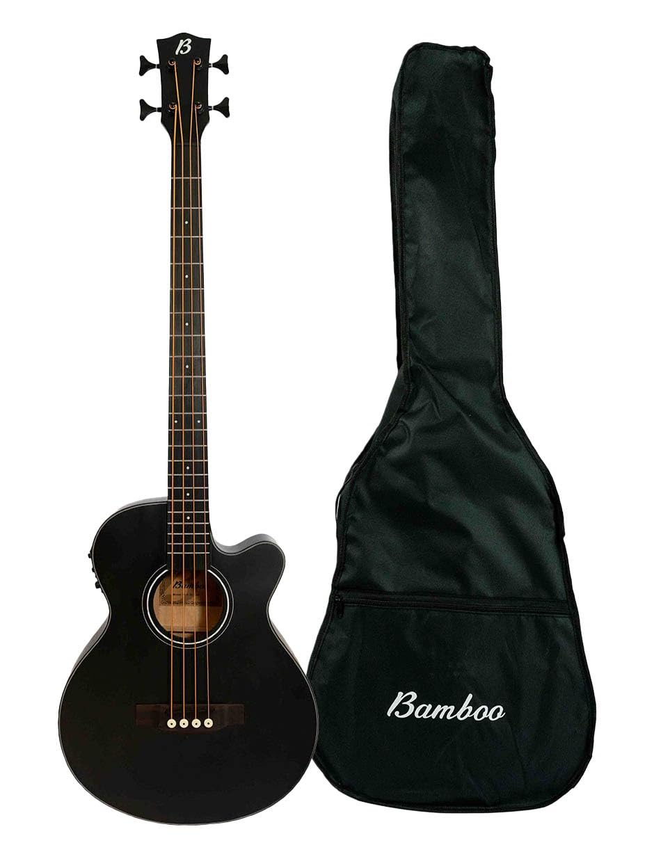 BAMBOO, Bajo Electroacústico Negro Escala Larga de 40 pulgadas, con funda, madera Linden y ecualizador de 3 bandas, control de volumen y afinador cromático. Tapa, aros y fondo de Linden.