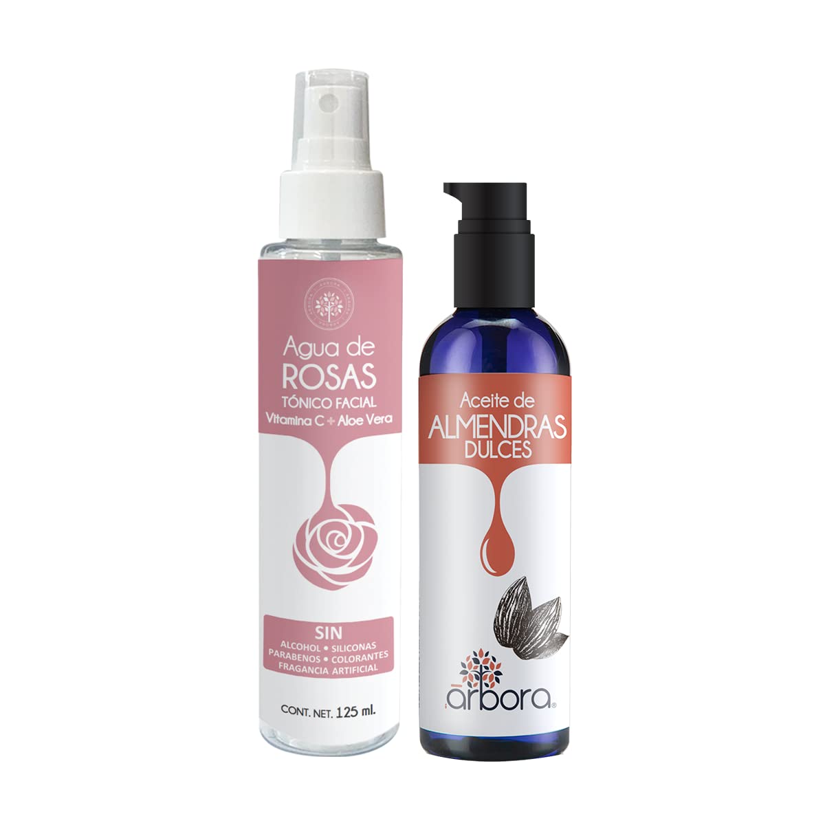 Árbora Kit Aceite de Almendras Dulces 90ml + Agua de Rosas con Aloe Vera y Vitamina C 125ml - Piel Radiante e Hidratación Profunda de Cabello y Uña