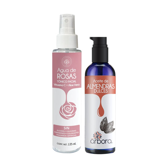 Árbora Kit Aceite de Almendras Dulces 90ml + Agua de Rosas con Aloe Vera y Vitamina C 125ml - Piel Radiante e Hidratación Profunda de Cabello y Uña