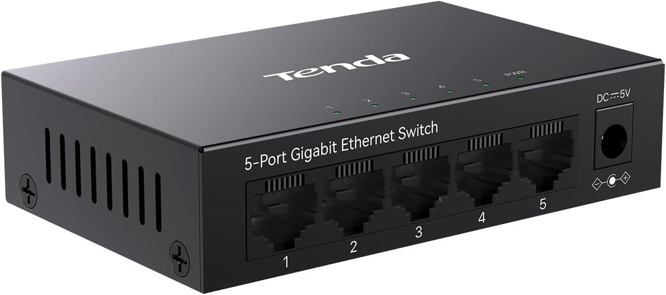 Tenda TEG1005D Conmutador Gigabit de 5 Puertos, Conmutador Ethernet no gestionado, Divisor de Red con optimización de tráfico, Plug & Play, Conmutador de Red de diseño metálico sin Ventilador