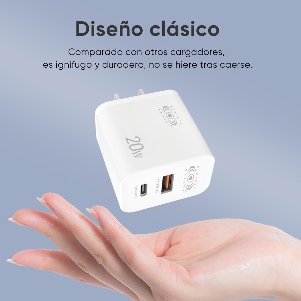 CONTROL EXPERT Turbo Cargador Tipo C y USB 2 Puertos 20W Cable 1 Metro 3A Cargador de Pared PD Cargador USB C con 2 Puertos (Blanco)