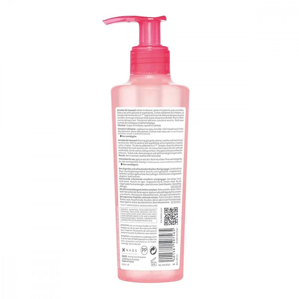 BIODERMA, Limpiador Facial, Sensibio Gel Moussant Micelar para Piel Sensible, Hidratación al instante, 200 ml