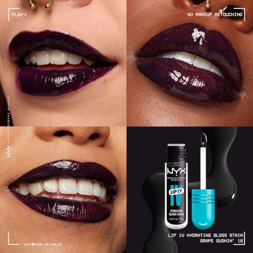 NYX Professional Makeup, LIP IV Gloss Serum Hidratante, Tono: Grape Gushin. Tinta de Labios hidratante con alto pigmento infusionado con agua de coco y magnesio. Fórmula vegana.
