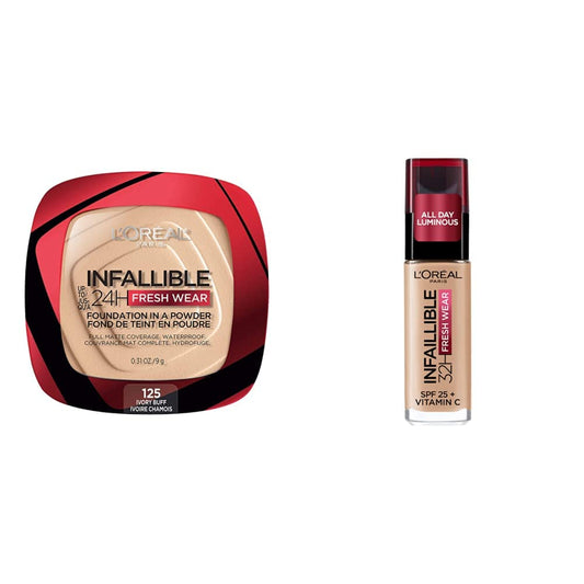 L´Oréal Paris, Base de maquillaje en polvo de larga duración, Infallible 24h Freshwear, Tono 125 Ivory Buff, 9gr + L´Oréal Paris, Base de maquillaje líquida de larga duración, 30ml
