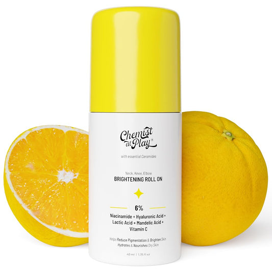 Chemist at Play Brightening & Whitening Roll On Serum For Neck, Knee & Elbow With 6% Vitamin C+ Hyaluronic Acid + AHAs + Niacinamide + Ceramides | Exfoliates, Removes Pigmentation, Brightens Skin & Hydrates Dry Skin | 40ml