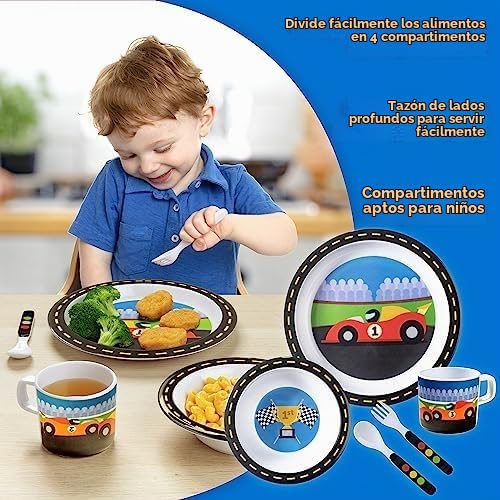 Juego de 5 piezas de alimentación para niños y niños pequeños – Coche de carreras – Incluye plato, taza, tenedor y cuchara, cubiertos – Duradero, apto para lavaplatos, última intervensión de BPA