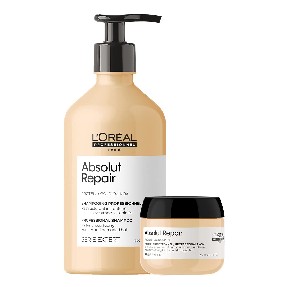 L'Oreal Professionnel Absolut Repair | Kit de reparación shampoo 500ml + mascarilla 75ml | Repara el daño y proporciona brillo al cabello | Con tecnología de quinoa dorada y proteínas | Para cabello dañado