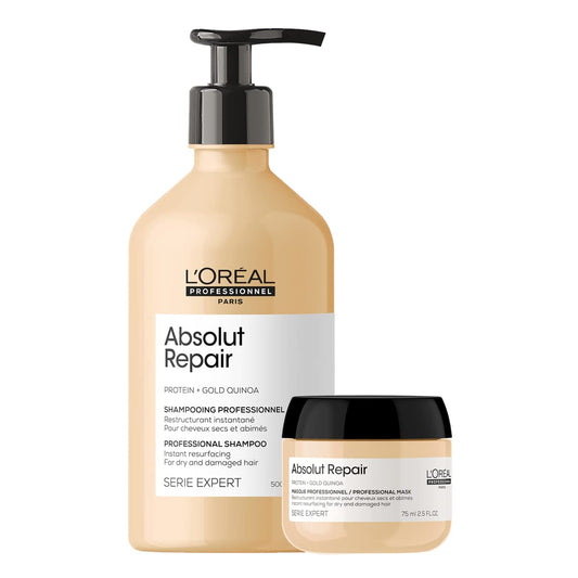 L'Oreal Professionnel Absolut Repair | Kit de reparación shampoo 500ml + mascarilla 75ml | Repara el daño y proporciona brillo al cabello | Con tecnología de quinoa dorada y proteínas | Para cabello dañado