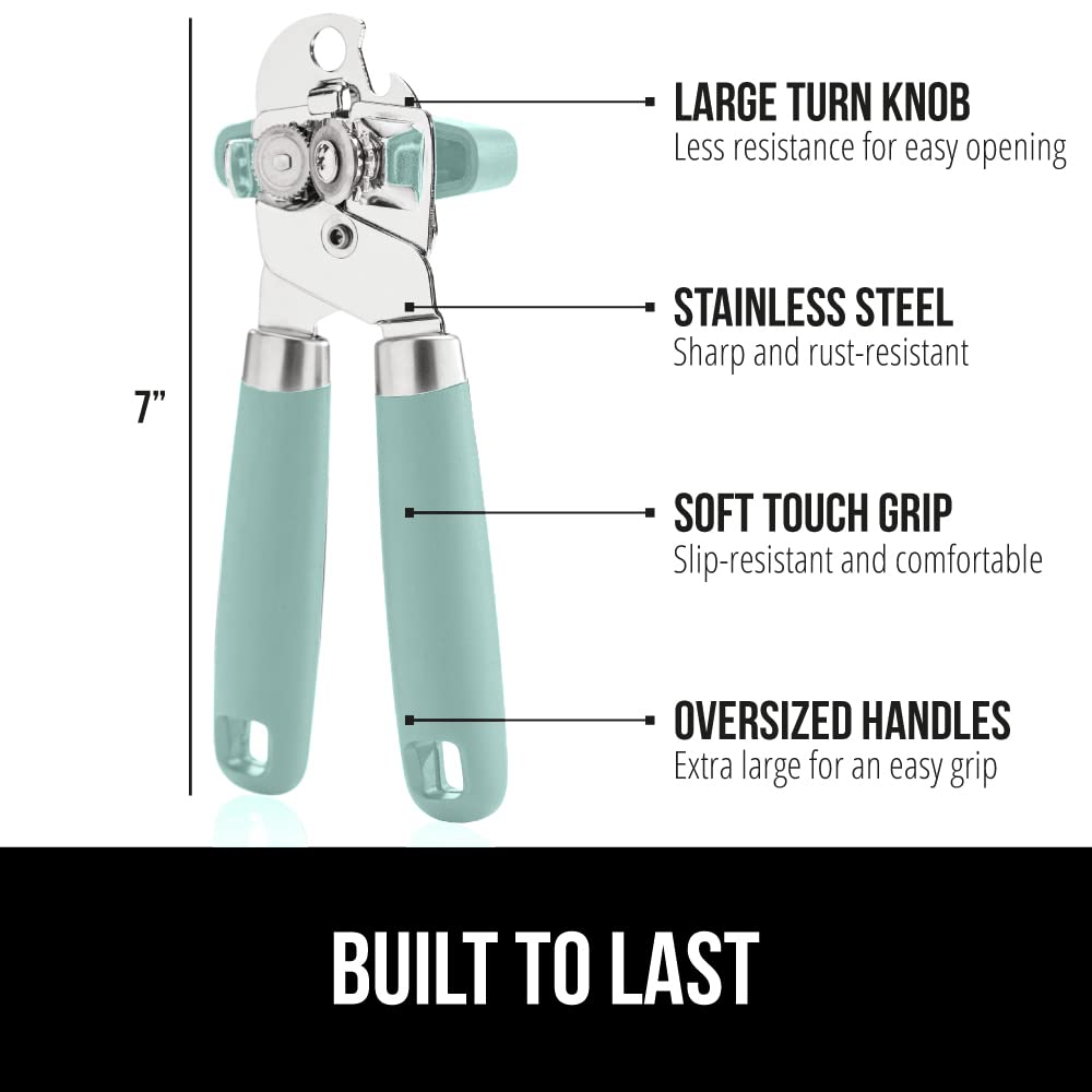 Gorilla Grip Abrelatas manual de mano de acero inoxidable resistente con borde liso con mango suave al tacto, a prueba de óxido, perilla de mano fácil giro, el mejor abridor de tapa grande para cocina, menta