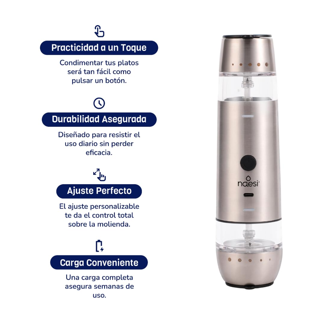 Salero Pimentero Eléctrico Naesi Vidrio y Acero Inoxidable Ajustable y Recargable para Especias, Sal y Pimienta
