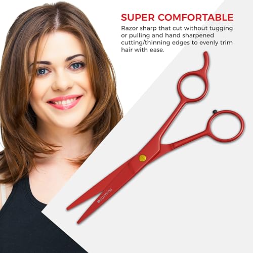 Tijeras de corte de pelo de 6,5 pulgadas para profesionales, barberos y peluqueros - Tijeras de pelo para cortar y recortar - Tijeras de pelo de mano derecha para hombres, mujeres y adultos (ROJO)