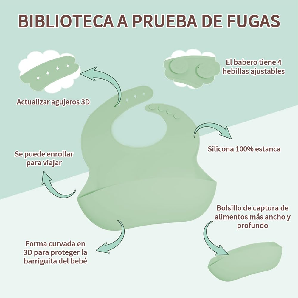 FINYQBET Platos Para Bebés De Silicona Con Tazón Cuchara Tenedor Babe,Set de 8 Piezas para Bebés,Plato para Bebe con Ventosas, Ajustable,VERDE