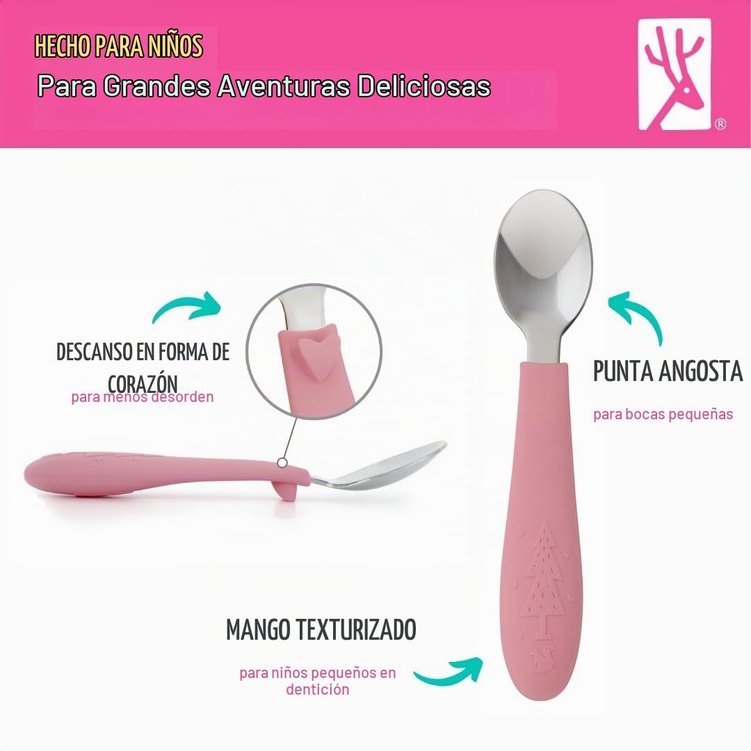Elk and Friends - Cubiertos para niños con mango de silicona | Cubiertos seguros para niños | Utensilios para niños pequeños | Cucharas + tenedores | Cubiertos de acero inoxidable | Apto para