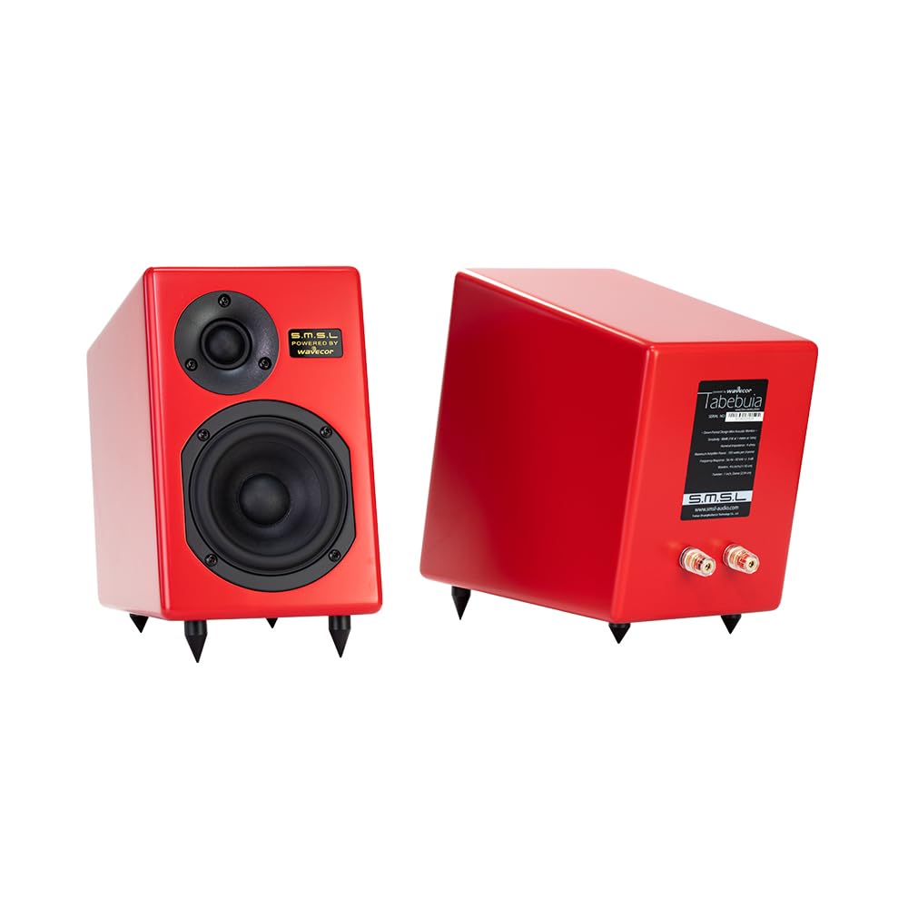 S.M.S.L - Sistema de altavoces pasivos Tabebuia para estantería, controladores Wavecor personalizados, 100 W por canal, respuesta de 56 Hz-32 kHz, distancia de pared ajustable con picos (par) (rojo)