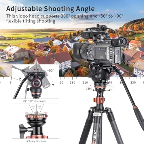 Cayer Trípodes de Cámara, Trípode de Video de Fibra de Carbono de 196 cm con Cabeza de Fluido, Trípode DSLR de Convertible a Monopié para Cámara DSLR, Capacidad de Carga de 6 kg - CF2451H6