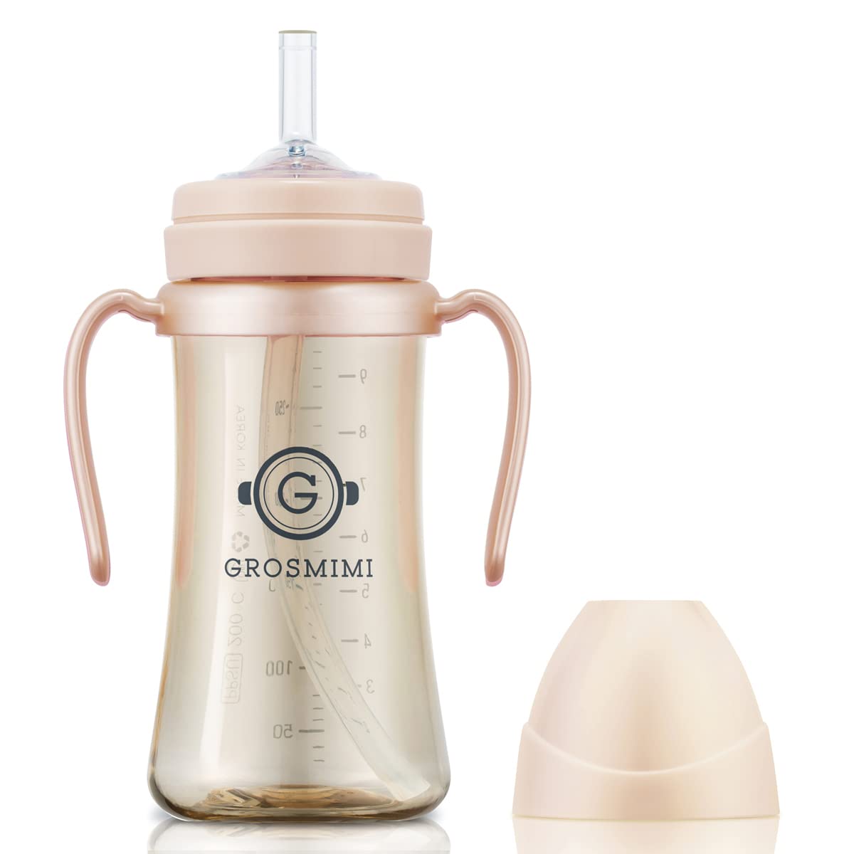 GROSMIMI Taza Mágica Antiderrames con Pajita con Asa para Bebés y Niños Pequeños, Personalizable, PPSU, Sin BPA 10 oz (Durazno)