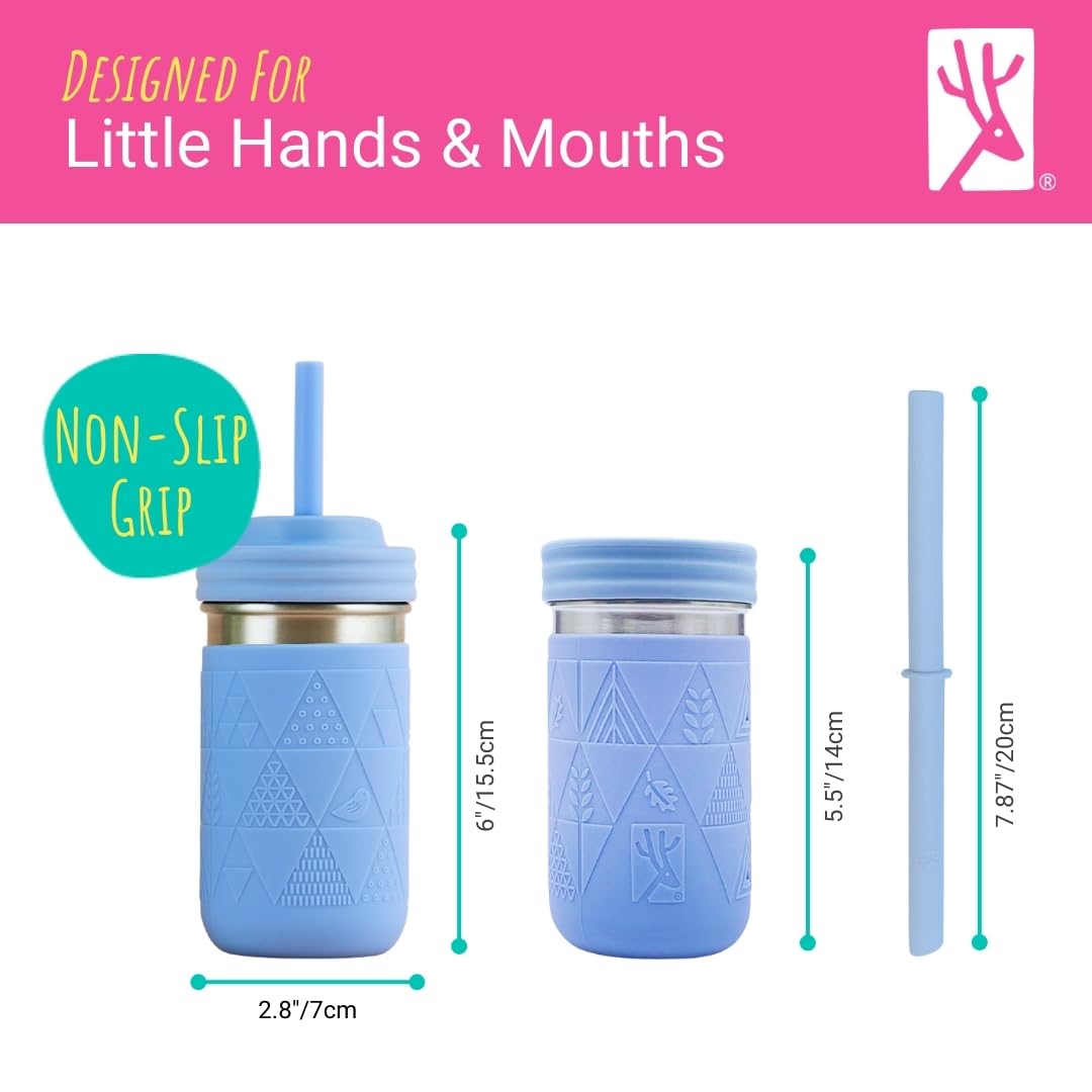 Elk and Friends Tazas de Acero Inoxidable de 14oz para Niños + Bebés | El Tarro de Albañil Original con Mangas + Tapas | Popotes de Silicona | Licuados | Frasco de Almacenamiento | Resistente a
