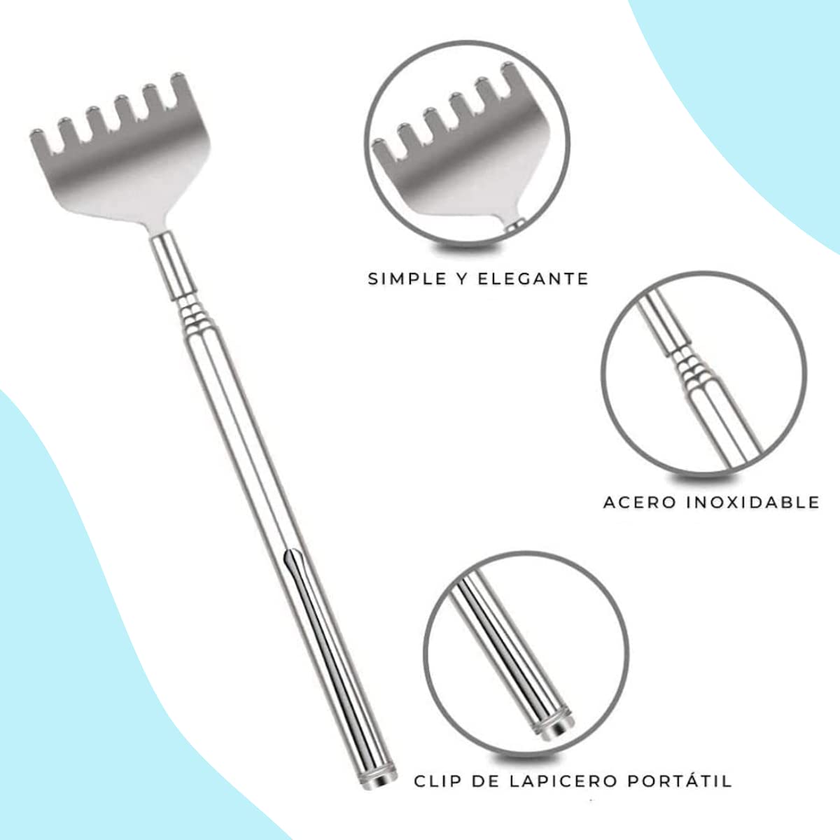 Manita Rascadora Extensible Mano De Metal Para Rascar 1pz Rascador de espalda de acero inoxidable con mango telescópico para guardarlo y llevarlo a todos lados. Manita para espalda.