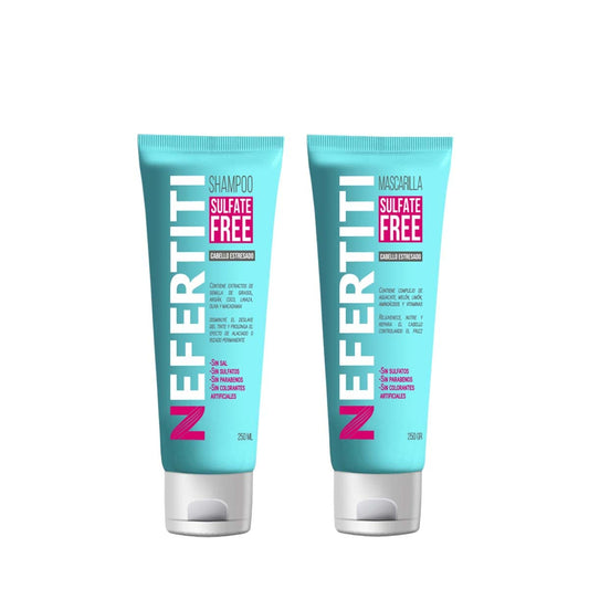 Kit para Cabello Dañado Estresado Shampoo Sin Parabenos y Mascarilla Sulfate Free Nefertiti, Fortalece, Revitaliza y da Mas Brillo al Cabello Débil y/o Maltratado