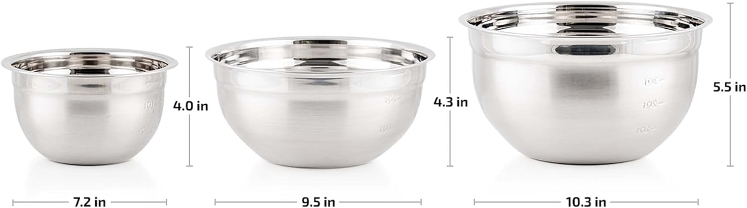 Juego de Cuencos de Acero Inoxidable Ovente Plateado con Tapa y Marcas de Medición para Cocina