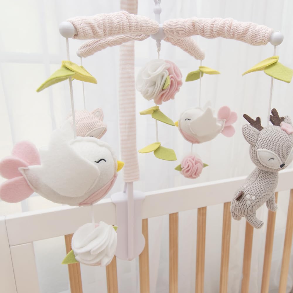 Living Textiles Baby Musical Mobile – Ava Birds | Juguete para cuna, personajes de bosque de punto, decoración de guardería, Chupete calmante con 12 canciones de cuna esencial y perfecto para niños y niñas
