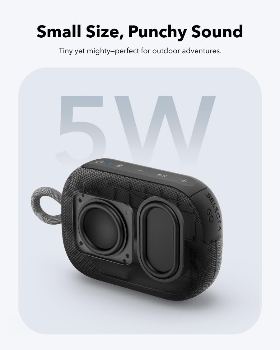 Soundcore Select 4 Go Altavoz Bluetooth de Anker, Mini Altavoz de Ducha Portátil, Hasta 20 H de Tiempo de Reproducción, Grado de Impermeabilidad y Resistente al Polvo IP67, Flotable, Sonido Potente