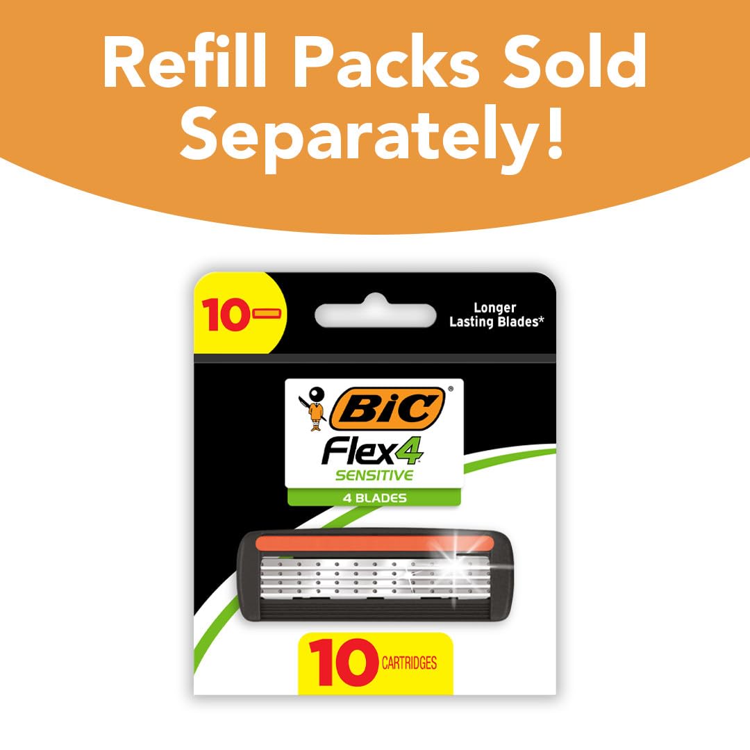 BIC Flex 4 - Maquinilla de afeitar híbrida desechable para hombre, maquinilla de afeitar sensible para un afeitado suave y cerrado, 1 mango y 8 cartuchos con 4 cuchillas