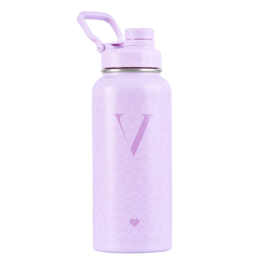 LuckyLy Termo de Acero Inoxidable con Iniciales 1 Litro, Doble Aislamiento Térmico y Tapa Hermética Antigoteo, Botella de Agua Motivacional ideal como Regalos para Mujer y Mamá – Modelo Terry, Letra V