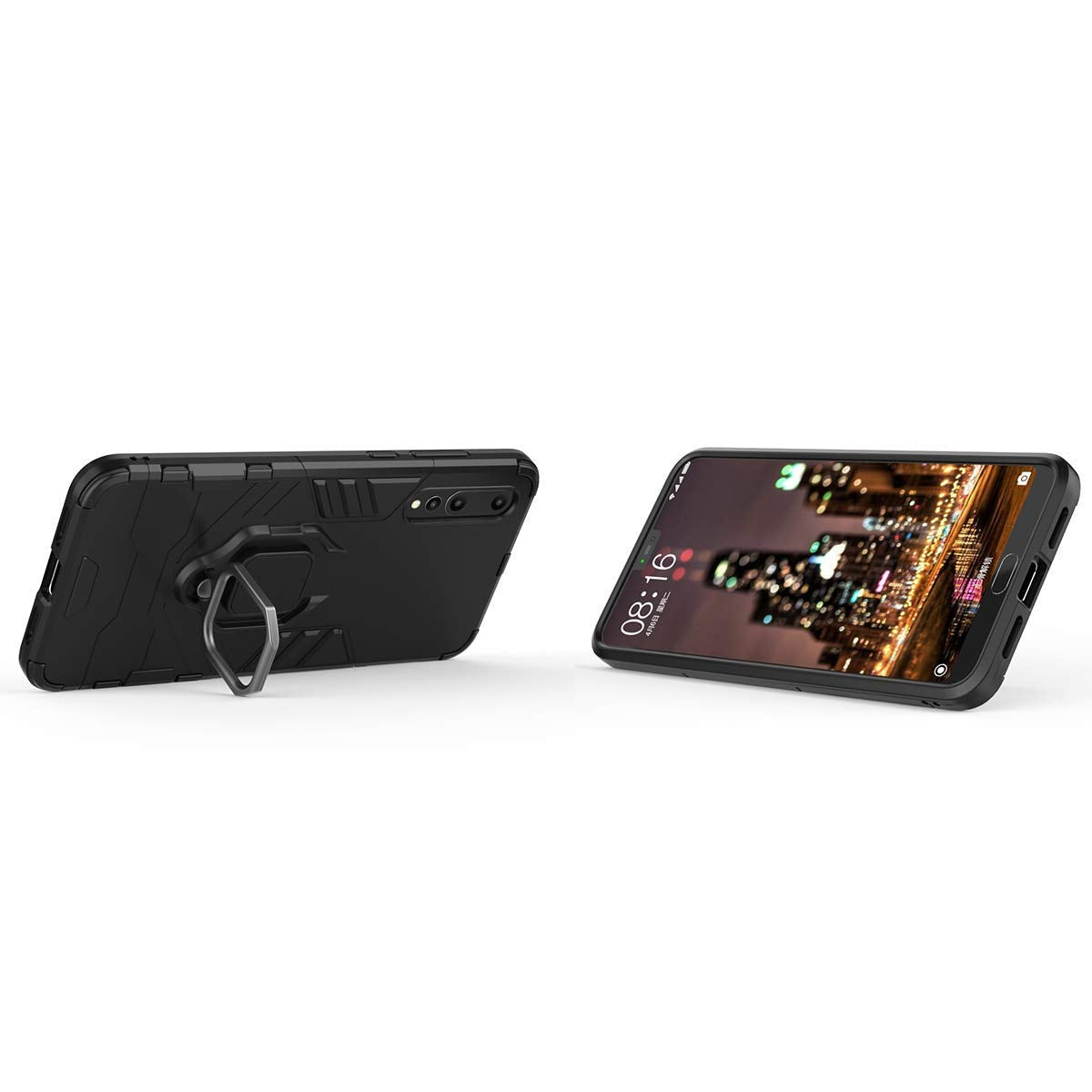 Compatible con Huawei P20 Pro Funda, Anillo Metálico Sujeción Soporte Antichoque Rígido Caja (Funciona con el Montaje de Coche Magnético) Doble Capa Sólido Case Carcasa para Huawei P20 Pro (Negro)