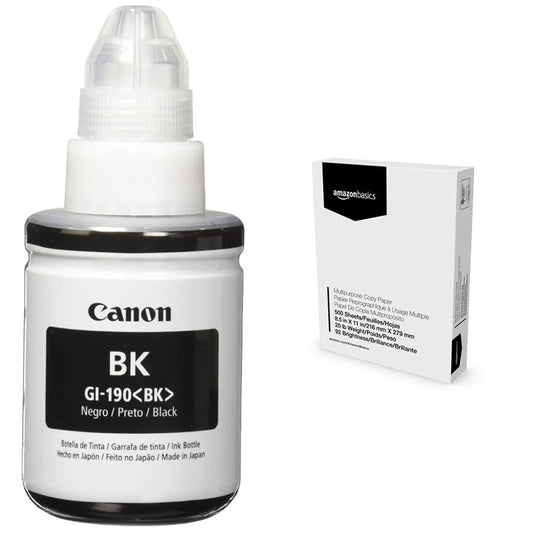 Canon GI-190 BK Lam + Amazon Basics - Papel Multiusos para Impresora de Copia, 8.5 x 11 Pulgadas, Papel de 20 Libras, 1 resma (500 Hojas), Blanco Brillante 92 GE