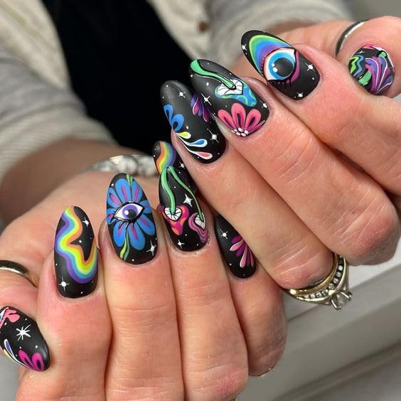 GLAMERMAID Fall Press On Uñas Medium Almendra, Halloween Gótico Mate Lindo Pegamento de Dibujos Animados En Uñas de Gel, 24 Pcs Spooky Colorido Champiñón Acrílico Postizas Kits Resuable Cubierta Compl