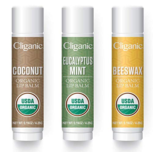 Cliganic Organic Lip Balm Set, 3 pcs - Natural Moisturizer for Cracked and Dry Lips - USDA Organic and Hypoallergenic Lip Balm Pack for Lip Care - Lip Balm for Men and Women - 3 Flavors