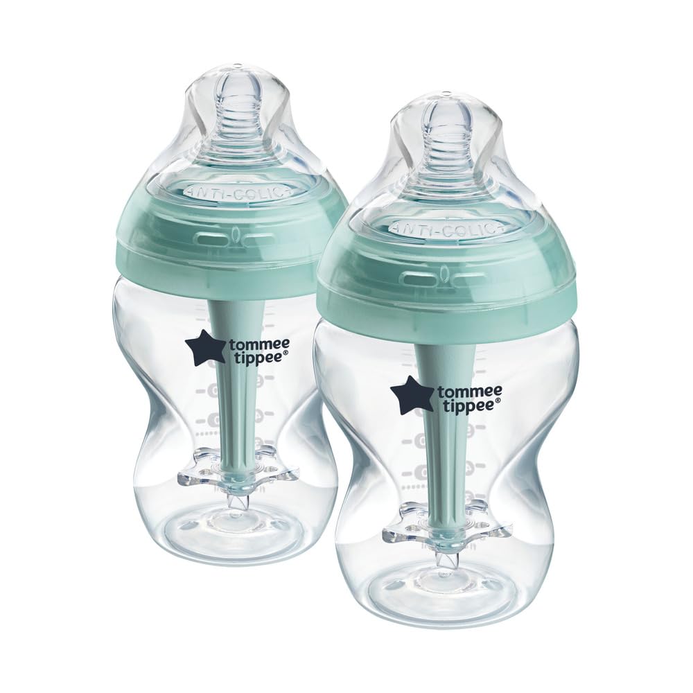 Biberón Avanzado Anti-Colic Tommee Tippee Transparente con Tetina Tipo Pecho Flujo Lento y Varilla Ventilada Autoesterilizante, 2 Pack para Bebé