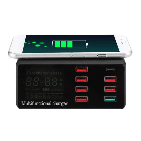 fosa1 Cargador inalámbrico de Pantalla Digital Inteligente, Cargador inalámbrico de Puertos múltiples QC3.0 Hub de estación de Carga de Escritorio con Puerto USB QC3.0(Negro US)