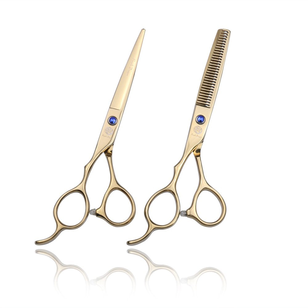 Purple Dragon Tijeras Profesionales de Peluquería para Zurdos 6.0" de Acero Inoxidable Japonés 440C con Tijeras de Entresacar - Perfectas para Peluqueros Zurdos (Dorado)