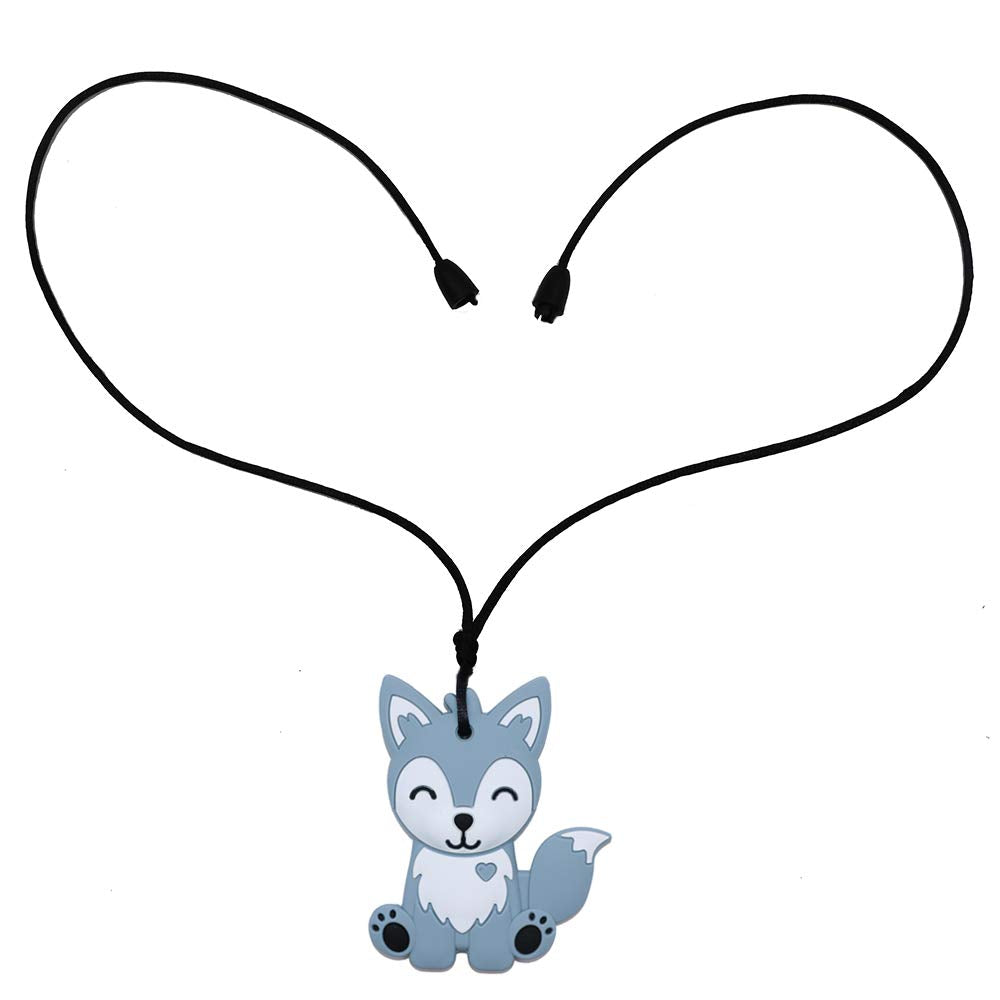 Collares sensoriales para masticar para niños, niños y niñas, paquete de 2 juguetes masticables de silicona de zorro para autismo, TDAH, SPD, juguete masticable de motor oral para adultos, azul y gris
