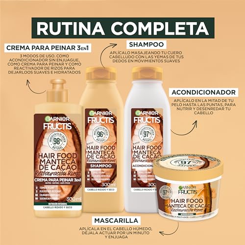Kit Garnier Fructis Hair Food Cacao Rutina Completa Restauracion Rizos: Shampoo, Acondicionador, Crema para Peinar y Mascarilla, 4 unidades