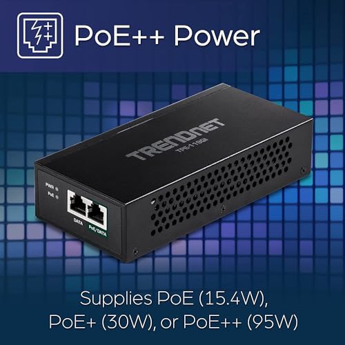 TRENDnet Inyector Gigabit PoE++, Convierte un Puerto no PoE a un Puerto PoE++ Gigabit, PoE (15.4W), PoE+ (30W), o PoE++ (95W), hasta 100m (328 ft), Fuente de alimentación integrada, Negro, TPE-119GI