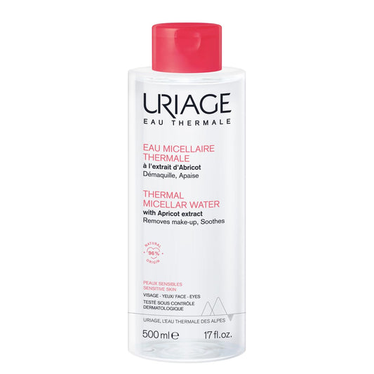 Uriage Agua Micelar termal pieles Sensibles 500 ml – limpieza suave para piel sensible – desmaquilla, calma e hidrata con agua termal y extracto de chabacano