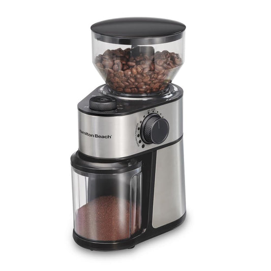 Hamilton Beach Molinillo de café eléctrico con tolva grande de 16 onzas y 18 ajustes para 2-14 tazas, acero inoxidable (80385)