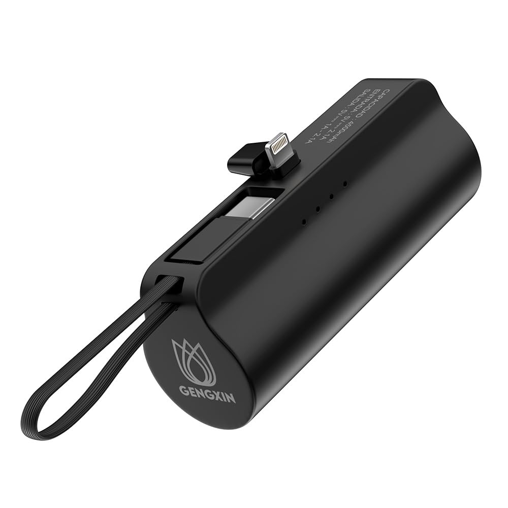 GENGXIN 4500mAh Mini Power Bank Portátil para iPhone con Cable Integrado, Batería Portátil Salida Tipo C y Soporte de Teléfono, Compatible con iPhone, Samsung, Xiaomi, Teléfonos Android etc (Negro)