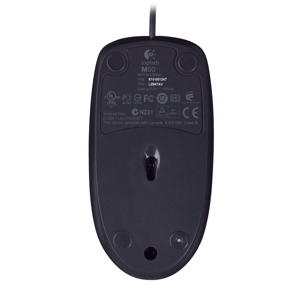 Logitech M90 Mouse con Cable USB, 3 Botones, Seguimiento Óptico, 1000 DPI, Ambidiestro, Compatible con PC, Mac, Laptop - Negro
