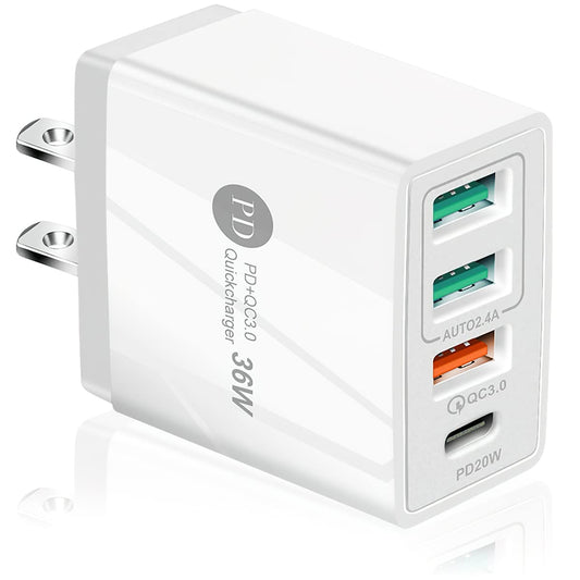 HONGHCL Cargador de Carga Rápida 36W 4 en 1, Cargador USB C y 3 USB A 3.0, Cargador Portátil con 4 Puerto Cargadores, Cargador Rapido Viaje con QC 3.0, PD20W, Compatible para Celular, Laptop y más
