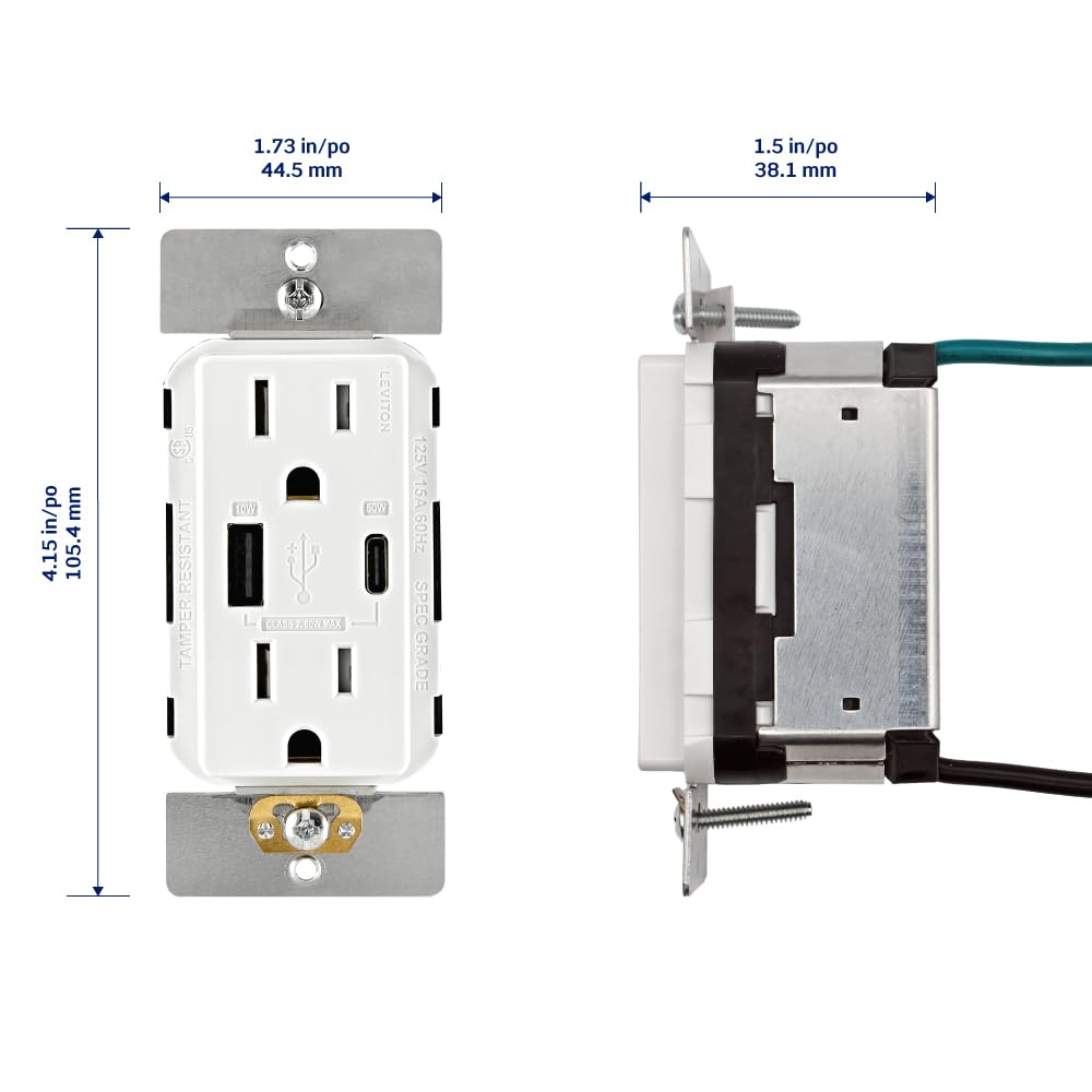 Leviton T5634-W 60W (20V a 2.5A+ 5V a 2A) Cargador USB de Doble Tipo A/Tipo-C para Entrega de energía en la Pared con Toma de 15A Resistente a manipulaciones, Cargador USB para Smartphones, tabletas,