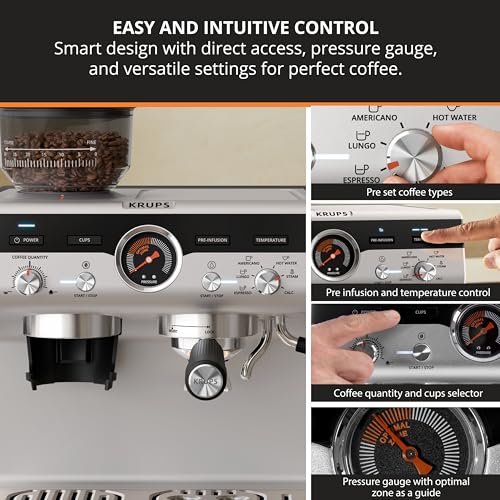 Krups Maquina Espresso con Molino Integrado, 30 Niveles de Molido, 15 Bares de Presión, Varita de Vapor Profesional, Preinfusión y Temperatura Ajustable, XP801TU0