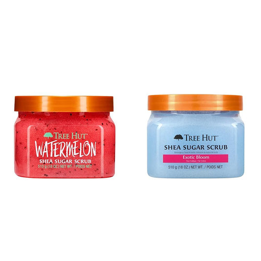 TREE HUT, Watermelon Shea Sugar Scrub, Exfoliante Corporal de Azúcar Natural con Manteca de Karité y Esencia de Sandía, 510 gramos + TREE HUT, Exotic Bloom Shea Sugar Scrub, 510 gramos