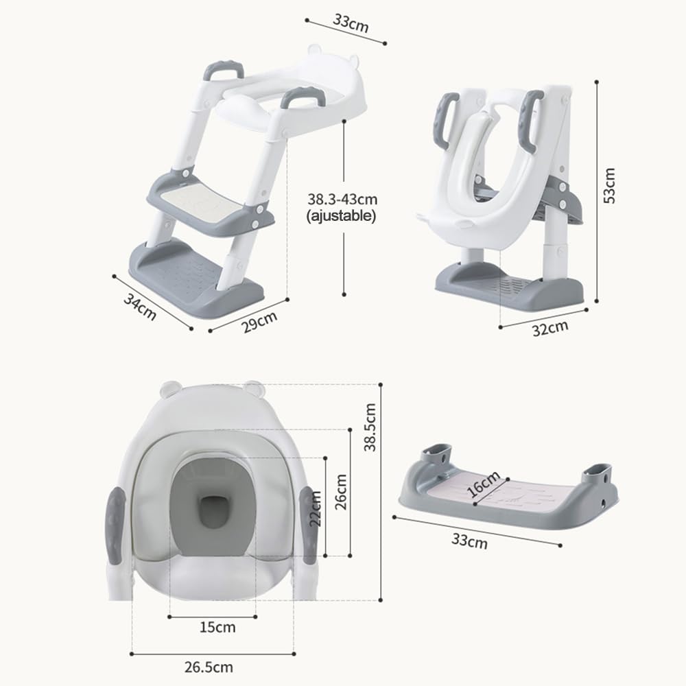 SLNXA Baño Entrenador Niño Asiento de Entrenamiento para Baño para Niños Asiento Entrenador para Inodoro con Escalera Plegable Antideslizante con Acolchonado y Agarres, Edad de 2 a 7 Años (Gris)