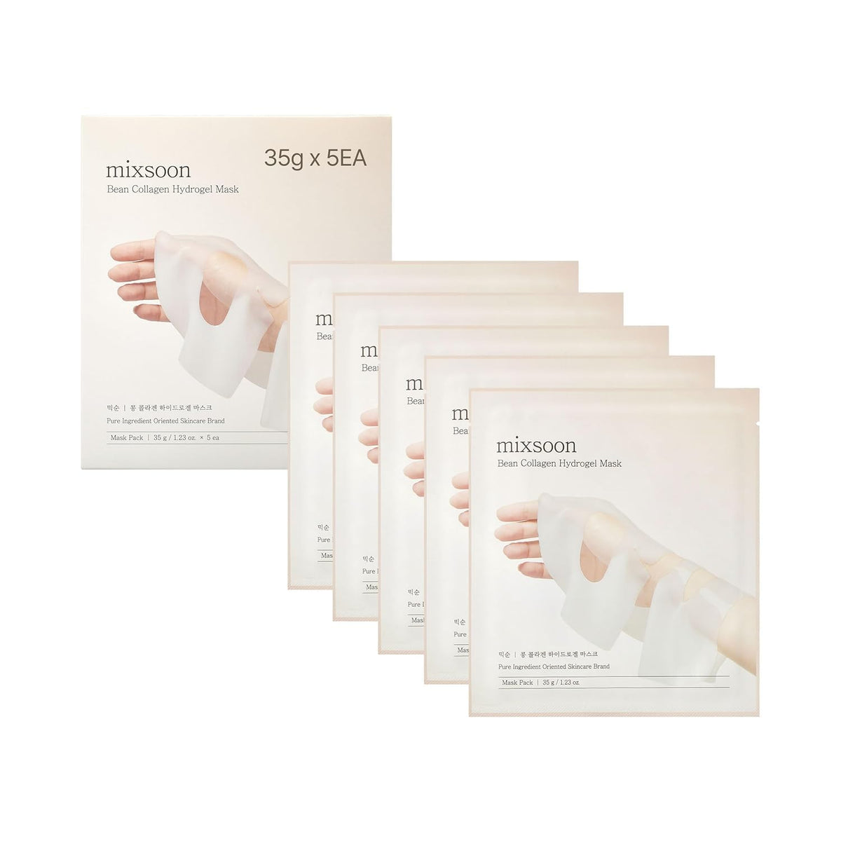 mixsoon Bean Collagen Hydrogel Mask - Mascarilla Facial de Hidrogel con Colágeno de Bajo Peso Molecular y Soya Fermentada, Reafirmante con Extracto de Granada y Pera, 5 unidades