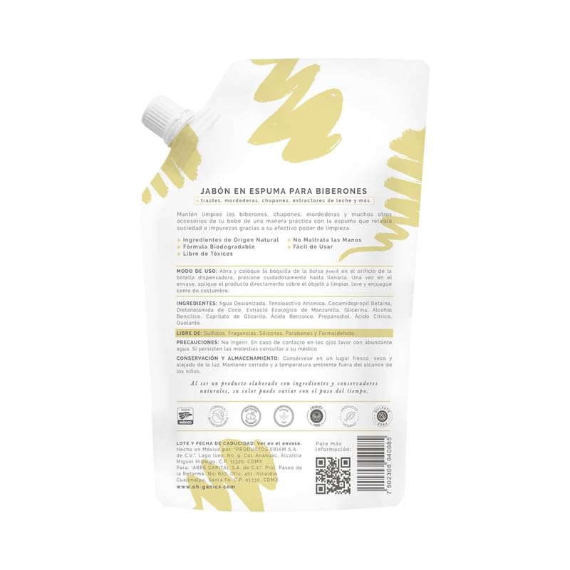 OH! GANICS Jabón en Espuma Refill para la Limpieza de los Biberones de Bebé Sin Fragancia 500 ml